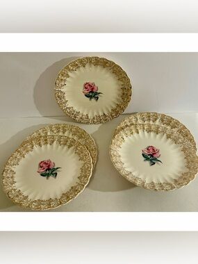 Vintage American Limoges Le Fleur Rouge 22K Gold Rose Plate Set 5 Made in USA